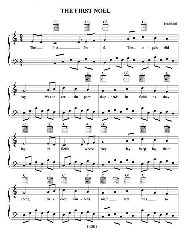 The First Noel Piano Sheet Music and Guitar Chords. Key: C
