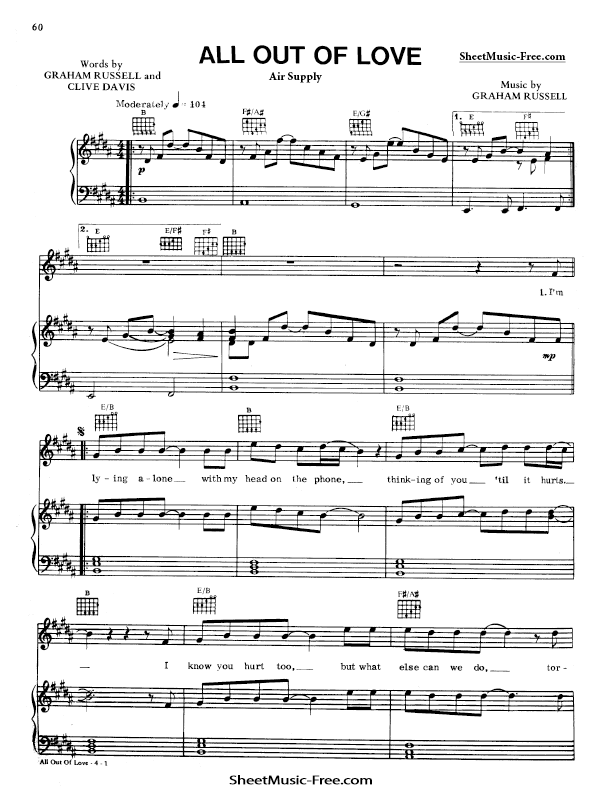 All Out Of Love Sheet Music Air Supply PDF Free Download