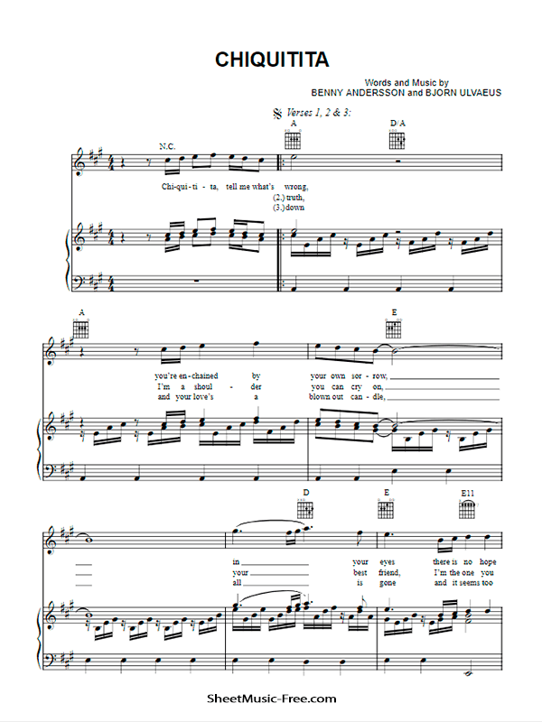 Chiquitita Sheet Music Pdf Abba Sheet Music Free Chiquitita, tell me the truth i'm a shoulder you can cry on your best friend i'm the one you must rely on you were always sure of yourself now i see you've broken a feather i hope we can patch it up together. chiquitita sheet music pdf abba sheet