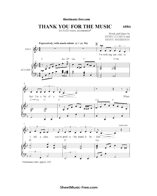 Thank You For The Music Sheet Music ABBA PDF Free Download