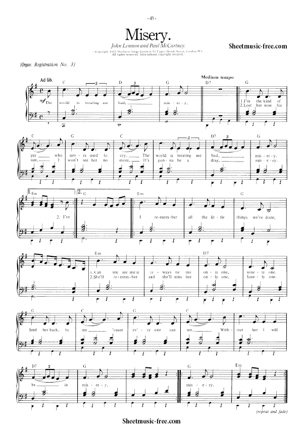 Misery Sheet Music PDF The Beatles Free Download