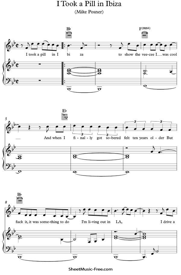 I Took a Pill in Ibiza Sheet Music PDF Mike Posner Free Download