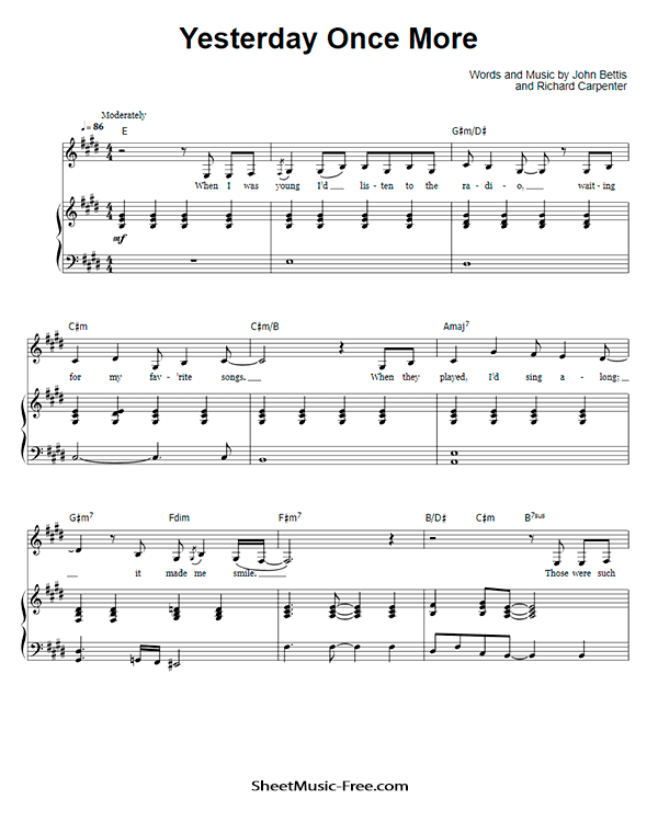 Yesterday Once More Sheet Music PDF Carpenters Free Download