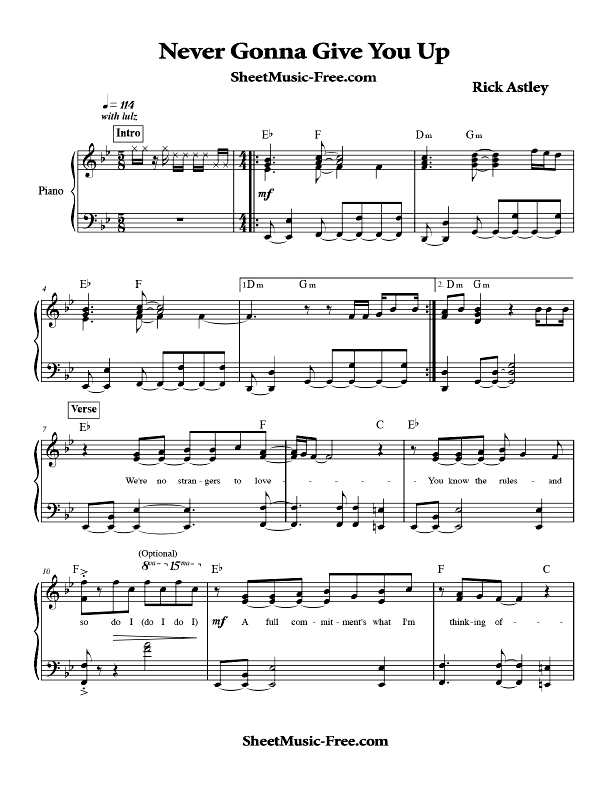 Never Gonna Give You Up Sheet Music PDF Rick Astley Free Download