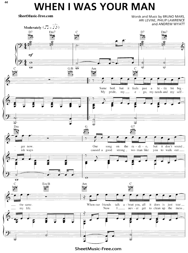 When I Was Your Man Sheet Music PDF Bruno Mars Free Download