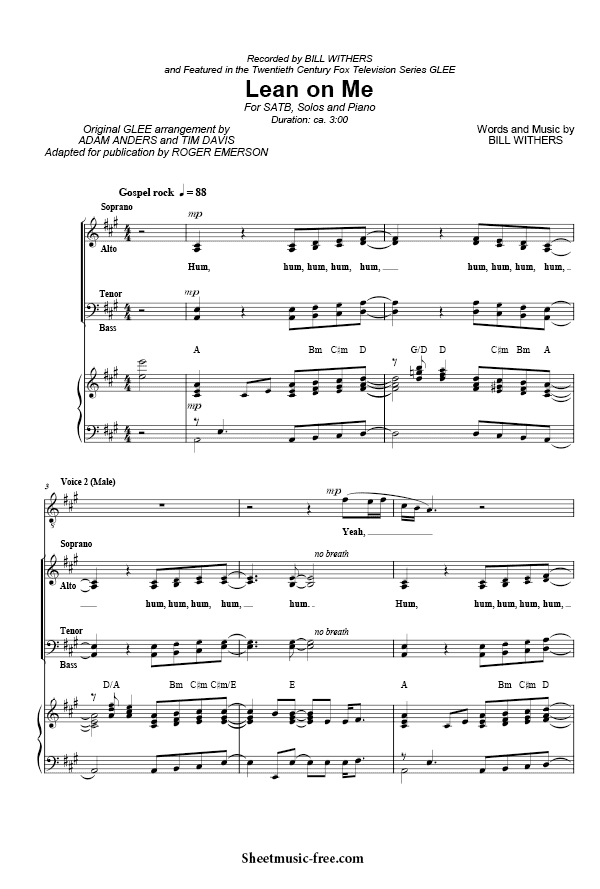Lean On Me Sheet Music PDF Bill Withers Free Download