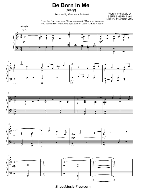 Be Born In Me Sheet Music PDF Francesca Battistelli from The Story Free Download