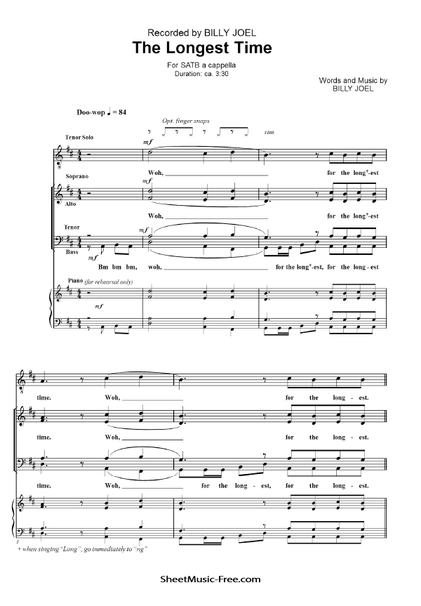 The Longest Time Sheet Music PDF Billy Joel Free Download Acapella