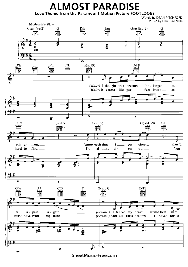 Almost Paradise Sheet Music PDF from Footloose Free Download