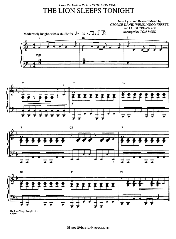 The Lion Sleeps Tonight Sheet Music PDF from The Lion King Free Download