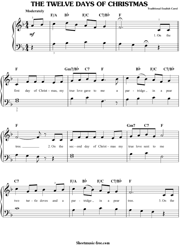 Twelve Days Of Christmas Sheet Music Easy Piano | ♪ SHEETMUSIC-FREE.COM