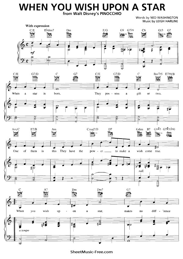 When You Wish Upon A Star Sheet Music PDF from Pinocchio Free Download