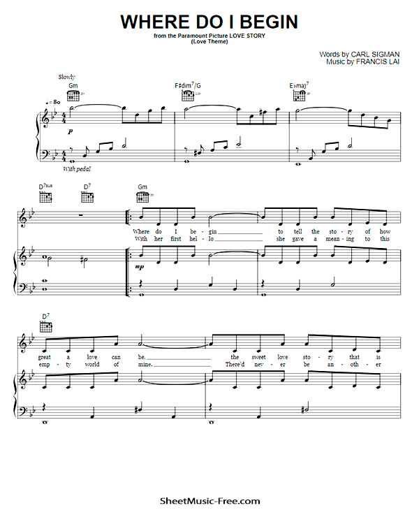 Where Do I Begin Sheet Music PDF from Love Story Free Download