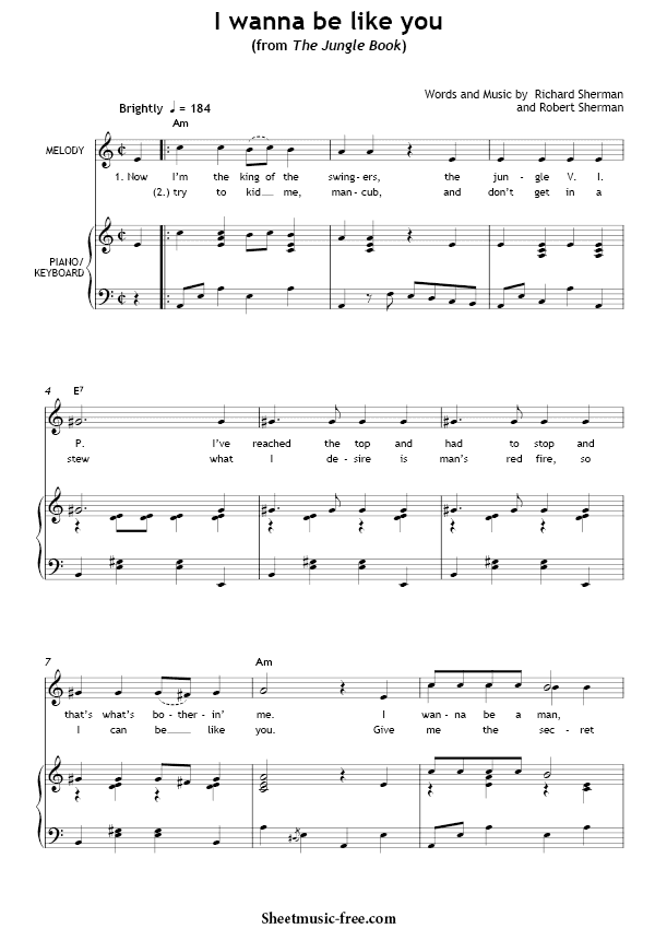 I Wanna Be Like You Sheet Music PDF from The Jungle Book Free Download