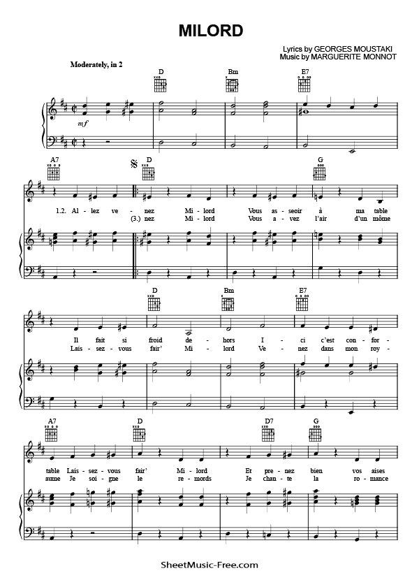 Milord Sheet Music PDF Edith Piaf Free Download