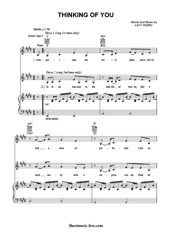 Thinking Of You Sheet Music PDF Katy Perry Free Download