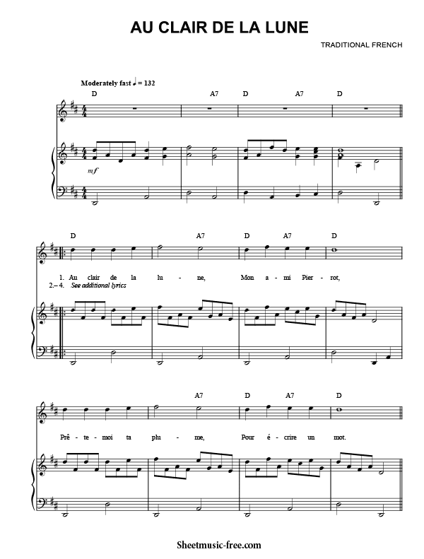 Au Clair de la Lune Sheet Music PDF Traditional Free Download