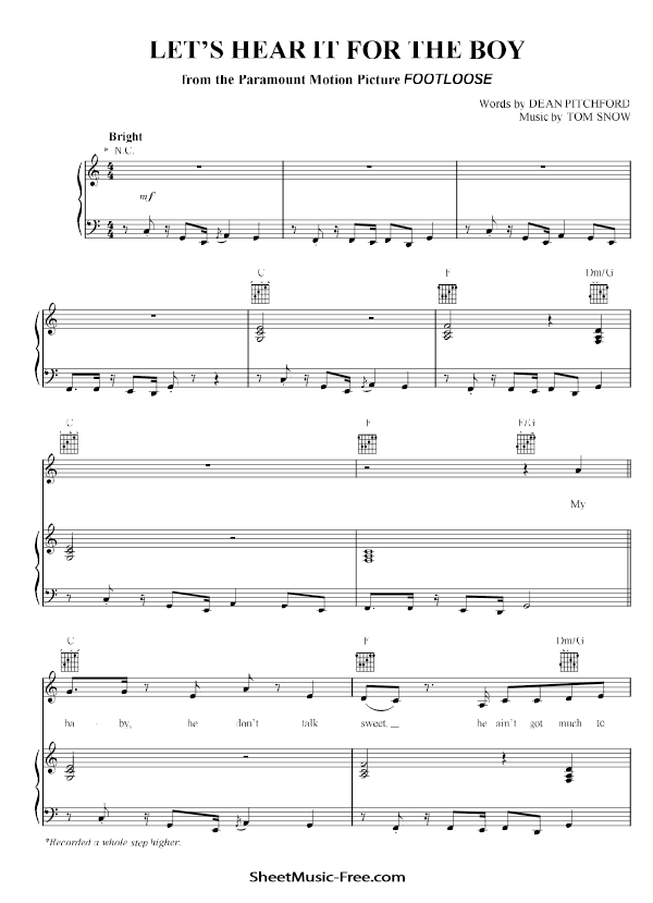 Let's Hear It for the Boy Sheet Music PDF from Footloose Free Download