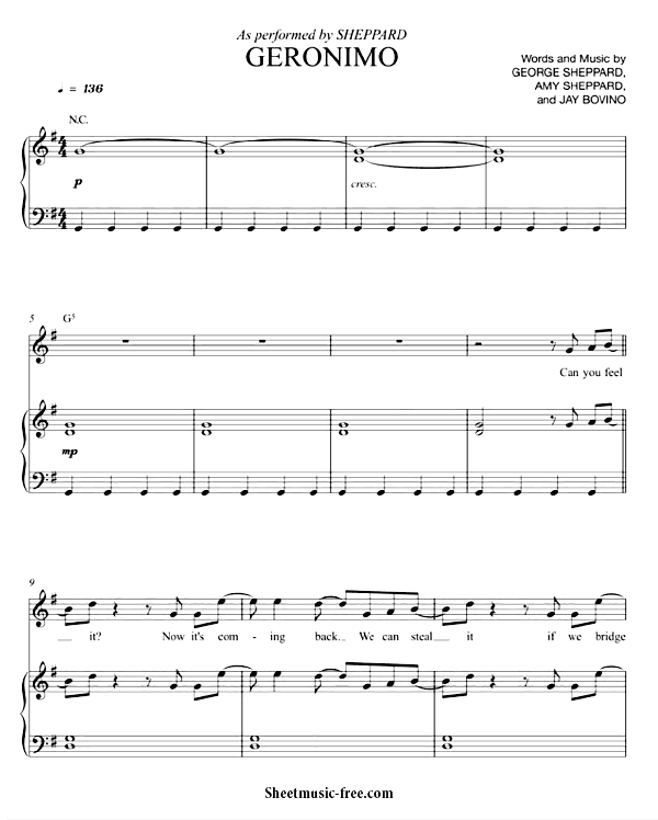 Geronimo Sheet Music Sheppard - ♪ SHEETMUSIC-FREE.COM