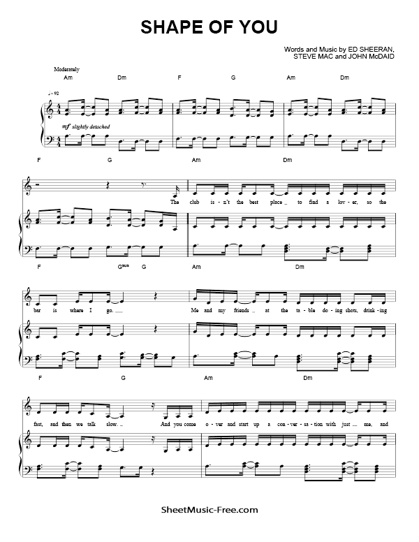 Free Download Shape Of You Sheet Music PDF Ed Sheeran (A minor)
