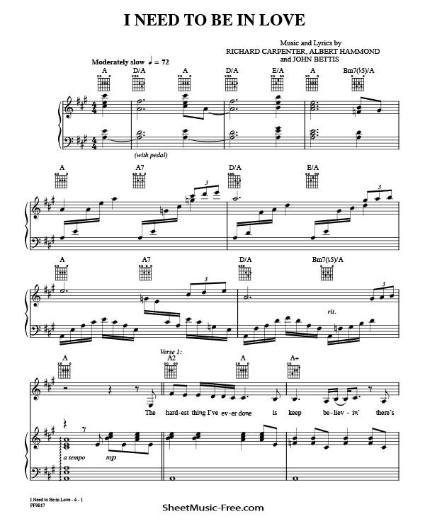 I Need To Be In Love Sheet Music PDF Carpenters Free Download