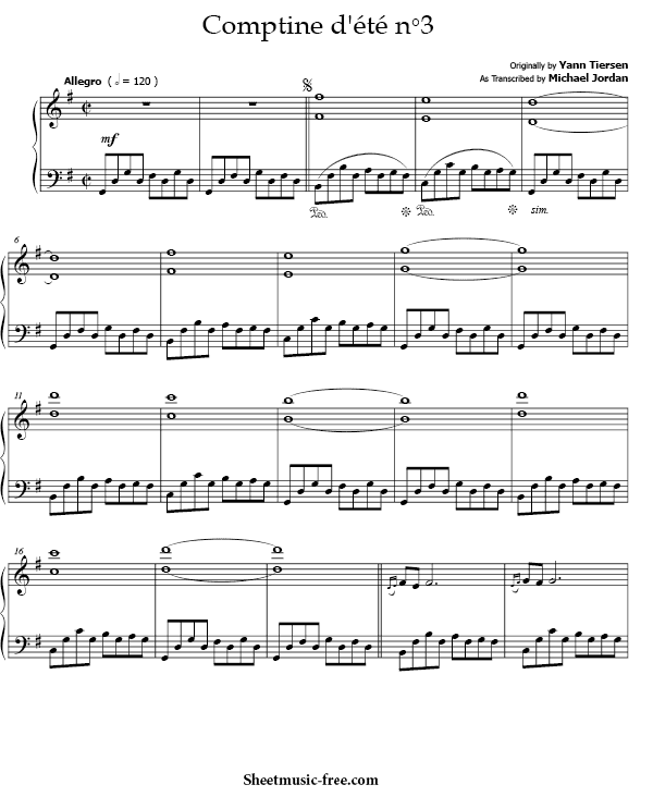 Comptine d'ete No.3 Sheet Music PDF Yann Tiersen Free Download