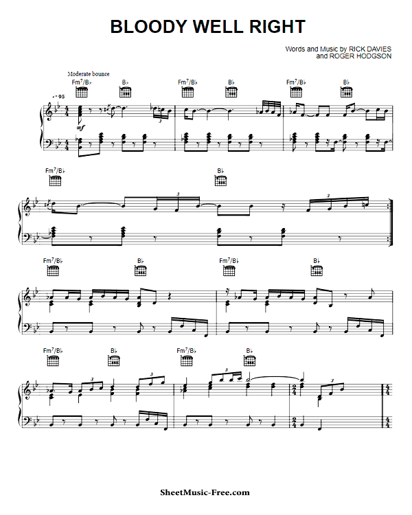 Bloody Well Right Sheet Music PDF Supertramp Free Download