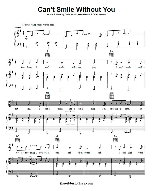Can't Smile Without You Sheet Music PDF Barry Manilow Free Download