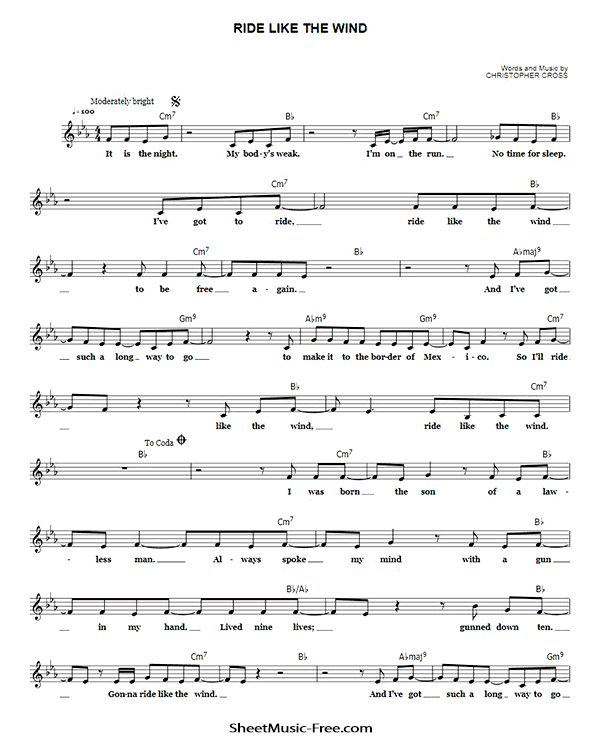 Ride Like The Wind Sheet Music PDF Christopher Cross Free Download