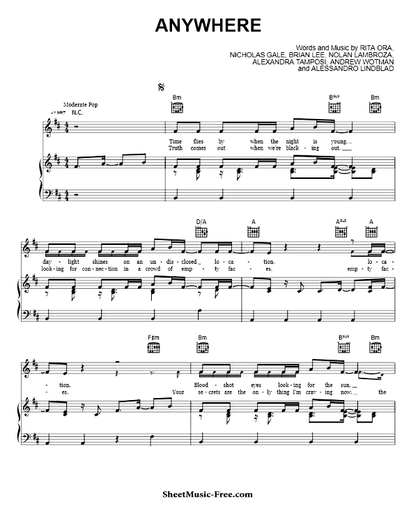 Anywhere Sheet Music PDF Rita Ora Free Download