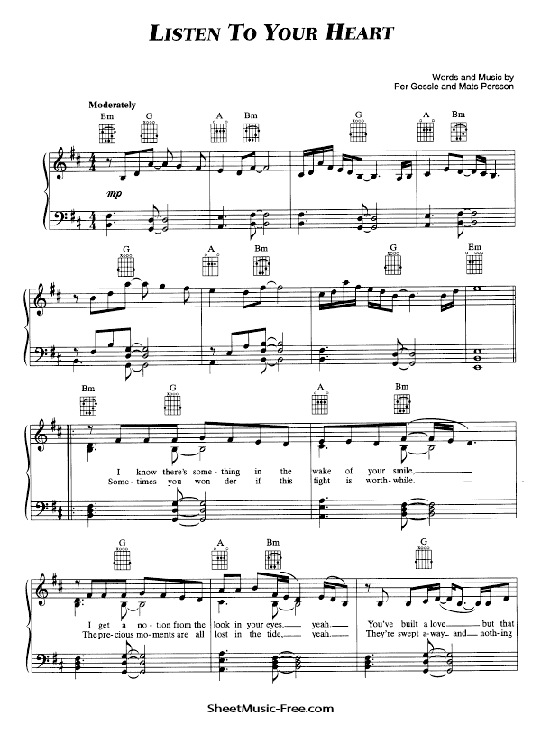 Listen To Your Heart Piano Sheet Music PDF Roxette Free Download