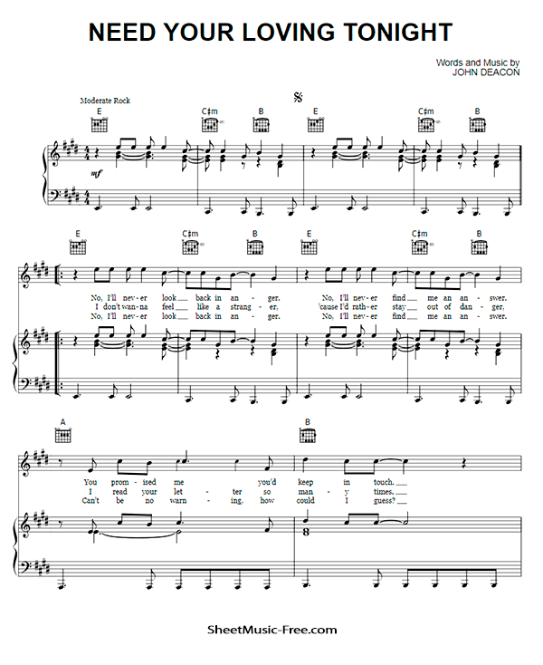Need Your Loving Tonight Sheet Music PDF Queen Free Download
