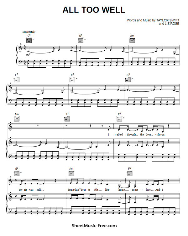 All Too Well Sheet Music PDF Taylor Swift Free Download