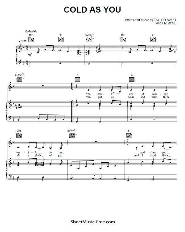 Cold As You Sheet Music PDF Taylor Swift Free Download