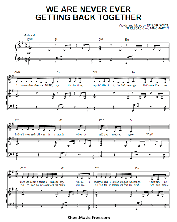 We Are Never Ever Getting Back Together Sheet Music PDF Taylor Swift Free Download