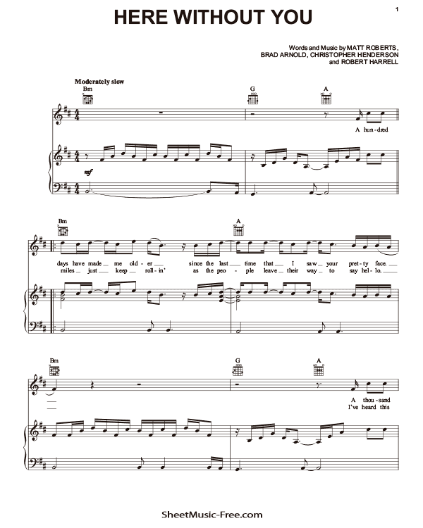 Here Without You Sheet Music PDF 3 Doors Down Free Download