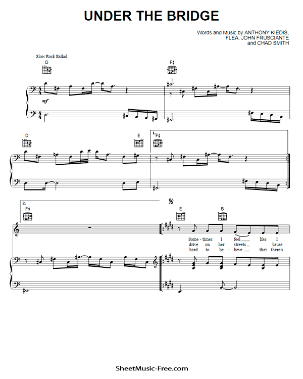 Under The Bridge Sheet Music PDF Red Hot Chili Peppers Free Download