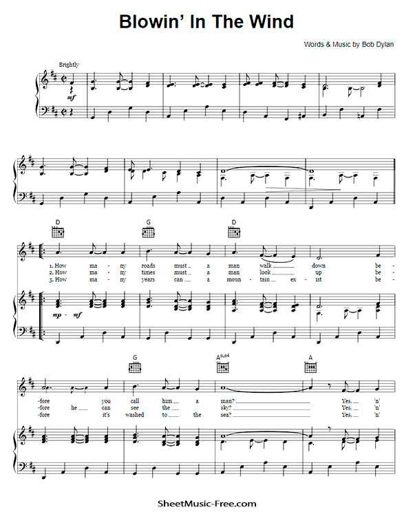 Blowin' In The Wind Sheet Music PDF Bob Dylan Free Download