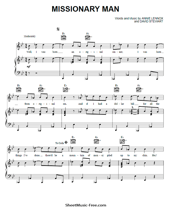 Missionary Man Sheet Music PDF Eurythmics Free Download