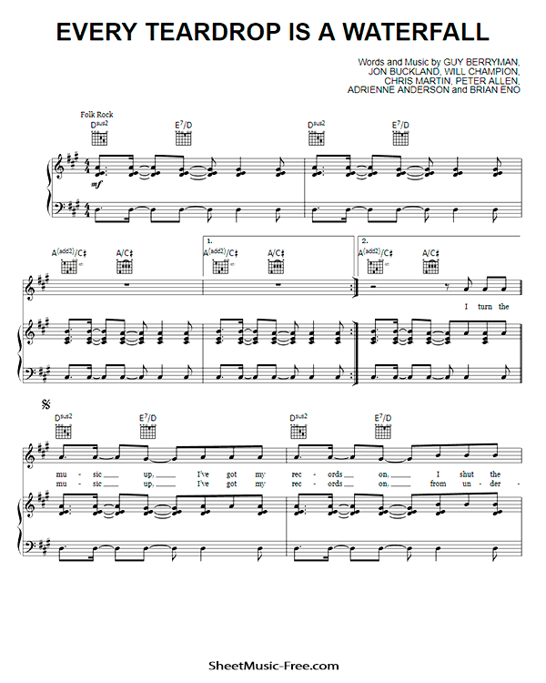 Every Teardrop Is A Waterfall Sheet Music PDF Coldplay Free Download