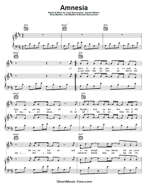 Amnesia Sheet Music PDF 5 Seconds of Summer Free Download