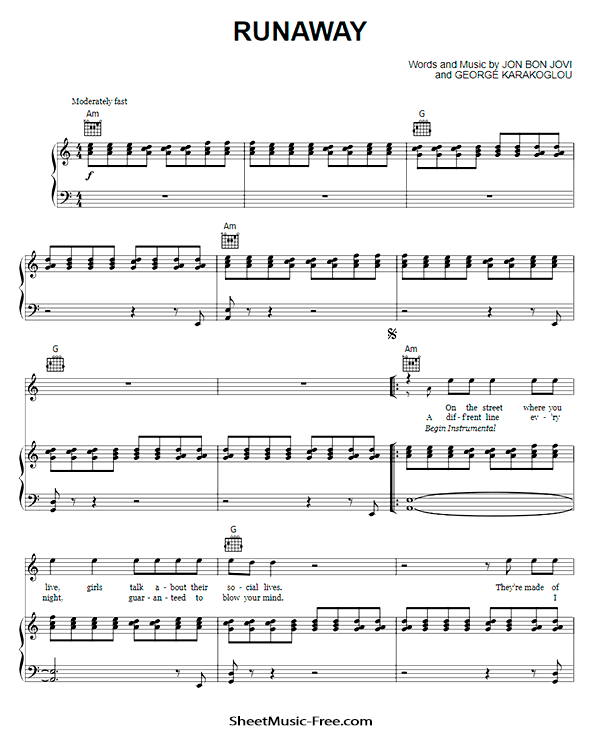 Runaway Sheet Music PDF Bon Jovi Free Download