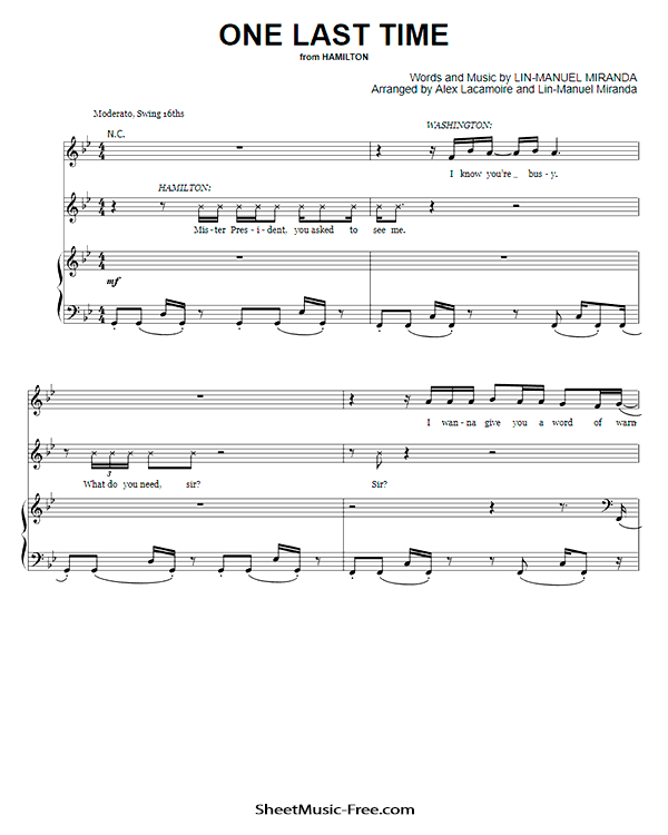 One Last Time Sheet Music PDF from Hamilton Free Download