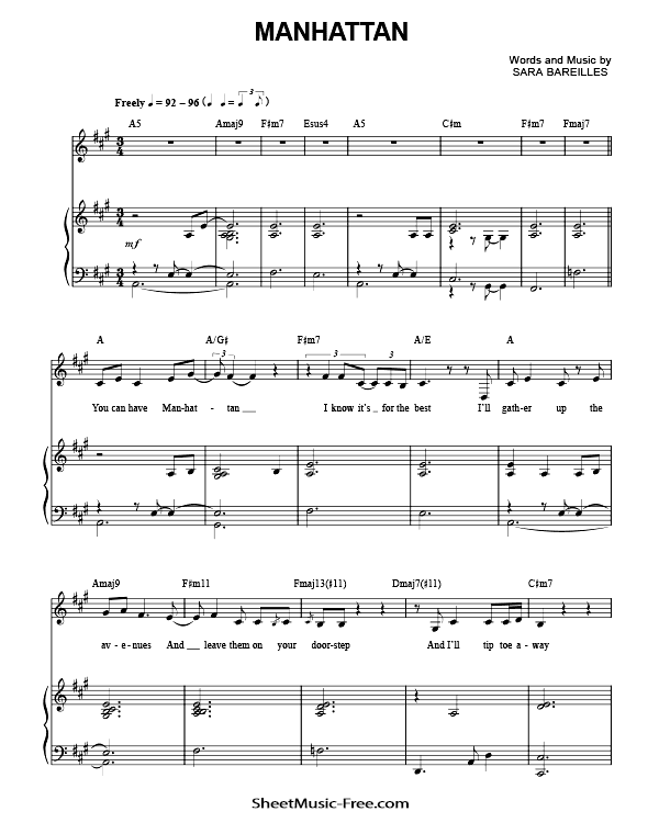 Manhattan Sheet Music PDF Sara Bareilles Free Download Piano Sheet Music by Sara Bareilles. Manhattan Piano Sheet Music Manhattan Music Notes Manhattan Music Score