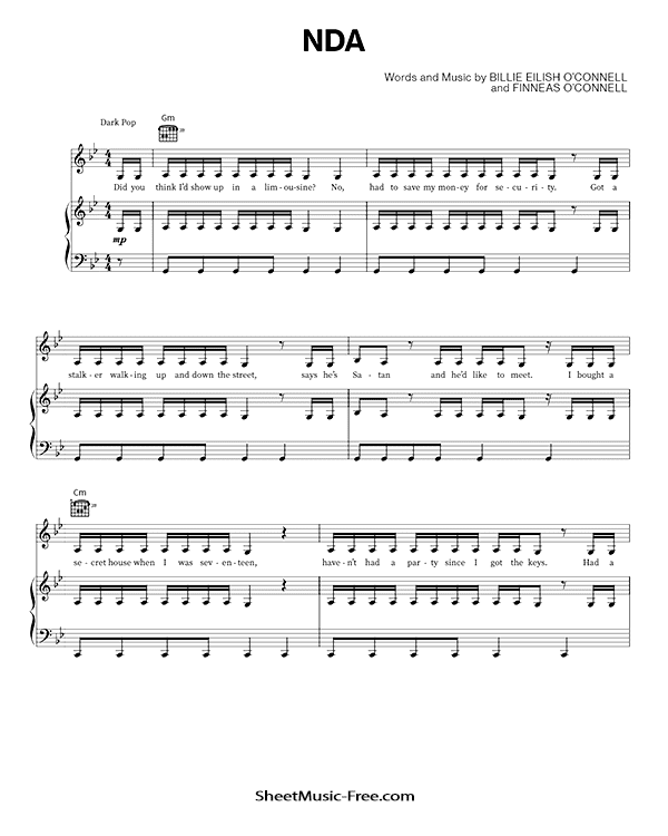 NDA Sheet Music PDF Billie Eilish Free Download Piano Sheet Music by Billie Eilish. NDA Piano Sheet Music NDA Music Notes NDA Music Score