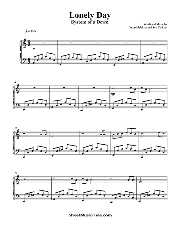 Lonely Day Sheet Music System Of A Down PDF Free Download Piano Sheet Music by System Of A Down. Lonely Day Piano Sheet Music Lonely Day Music Notes Lonely Day Music Score