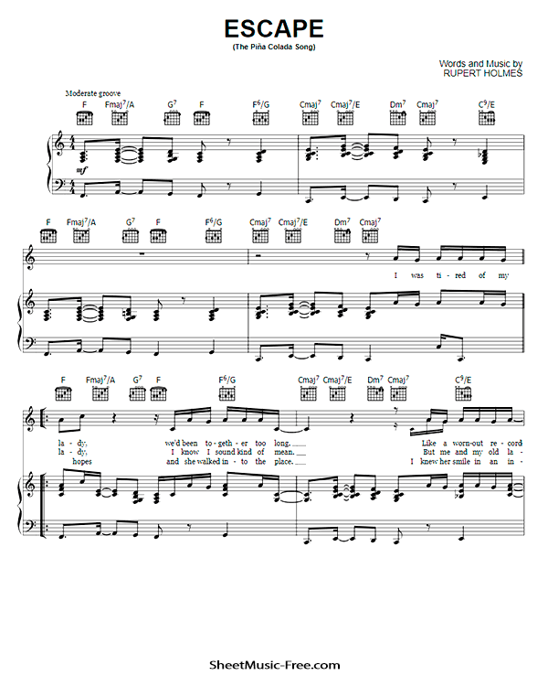 Escape (The Pina Colada Song) Sheet Music Rupert Holmes PDF Free Download Piano Sheet Music by Rupert Holmes. Escape (The Pina Colada Song) Piano Sheet Music Escape (The Pina Colada Song) Music Notes Escape (The Pina Colada Song) Music Score