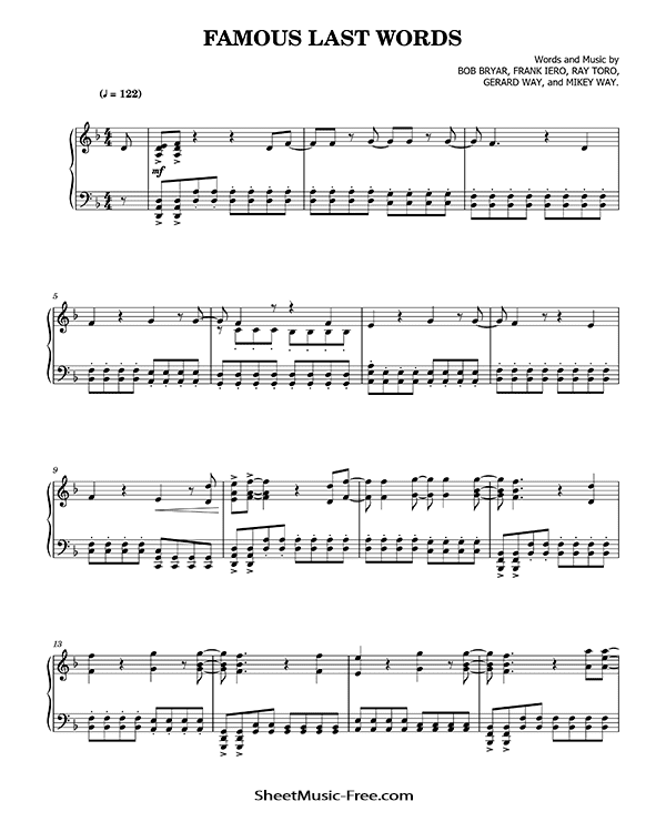 Famous Last Words Sheet Music My Chemical Romance PDF Free Download Piano Sheet Music by My Chemical Romance. Famous Last Words Piano Sheet Music Famous Last Words Music Notes Famous Last Words Music Score