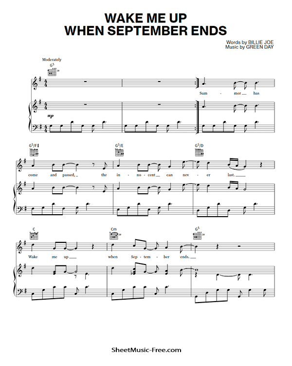 Wake Me Up When September Ends Sheet Music Green Day PDF Free Download Piano Sheet Music by Green Day. Wake Me Up When September Ends Piano Sheet Music Wake Me Up When September Ends Music Notes Wake Me Up When September Ends Music Score