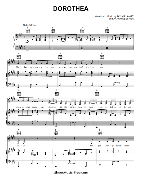Dorothea Sheet Music Taylor Swift PDF Free Download Piano Sheet Music by Taylor Swift. Dorothea Piano Sheet Music Dorothea Music Notes Dorothea Music Score